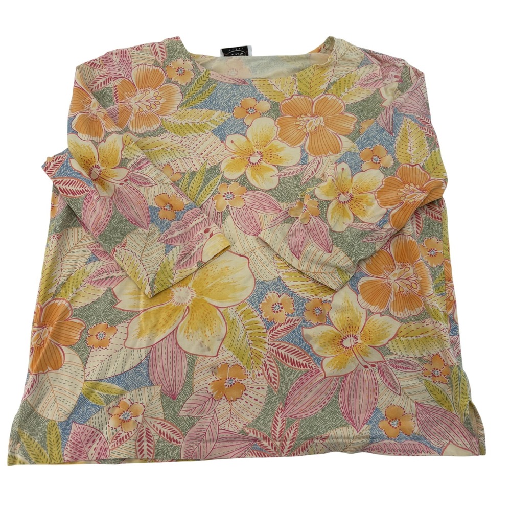 Talbots Woman Floral Tropical 3/4 Sleeve Boat Neck Knit Top Yellow Orange Pink